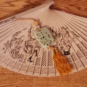 Carved Green Jade Blessing Tasseled Charm